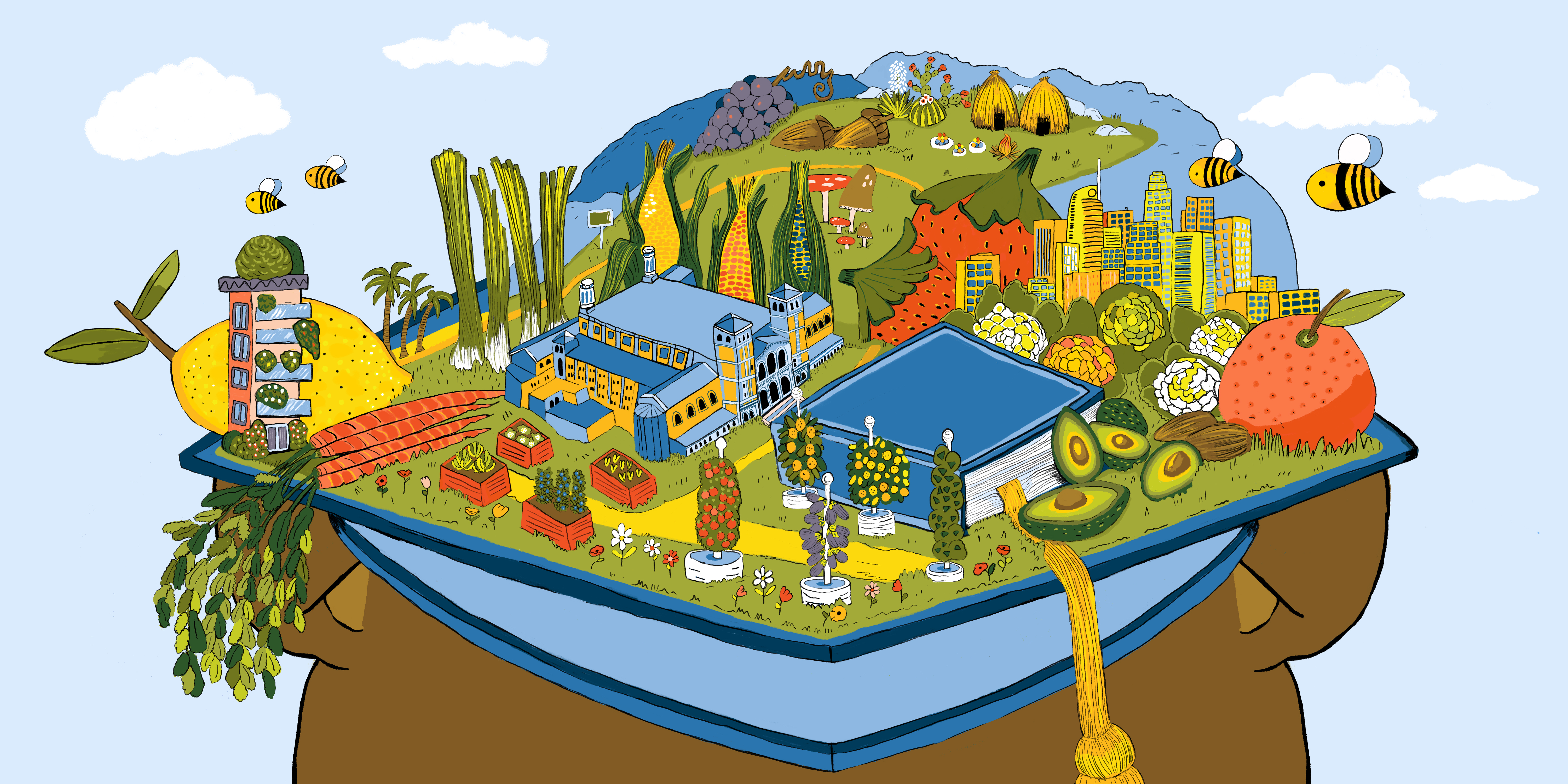 A colorful illustration of a landscape of UCLA containing food elements, sitting atop a blue graduation cap worn by a bruin bear - Illustration by Cass Wilkinson 2025 Food Studies Graduation Image. A colorful illustration of a landscape of UCLA containing food elements, sitting atop a blue graduation cap worn by a bruin bear. Illustration by Cass Wilkinson.