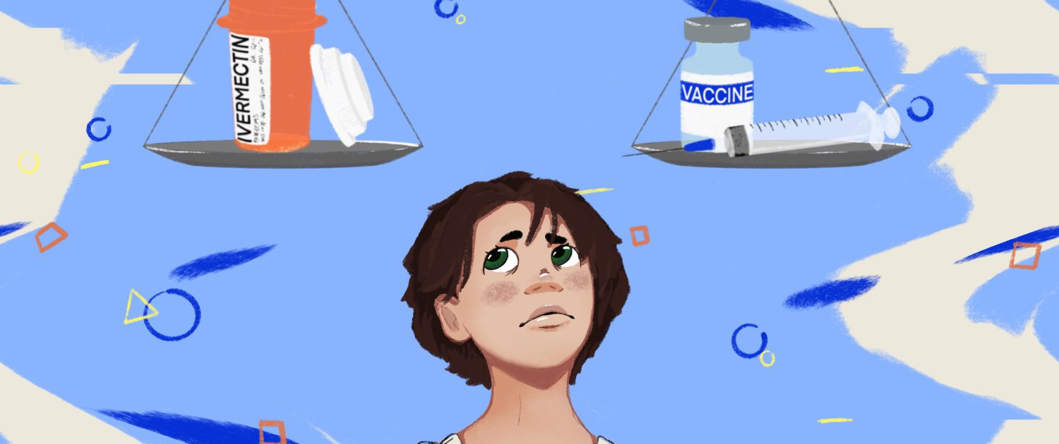 A drawing of a person looking up at a scale balancing a bottle of Ivermectin and a vaccine for COVID-19.